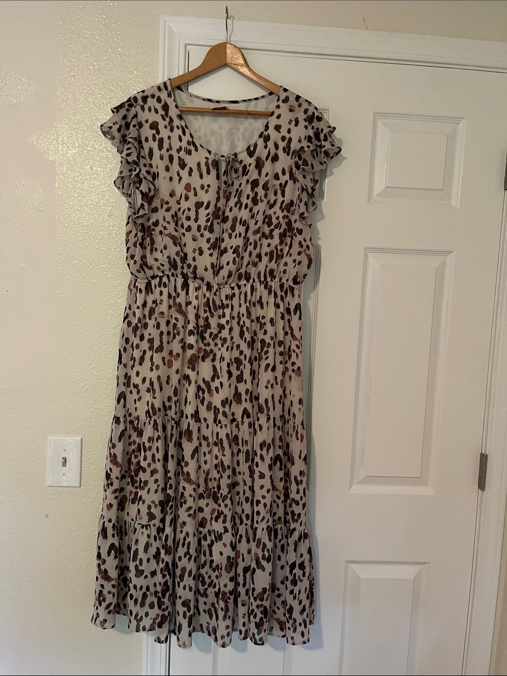 Ruffled Animal-Print Midi Dress in Taupe and Brown